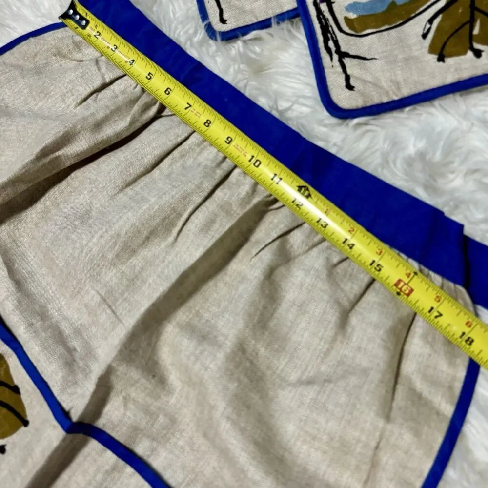 Vintage Vera Neumann Linen Blue Pear Pocketed Apron w/ Matching Pot Holders